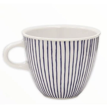 Sötétkék csíkos porcelán teás bögre dobozban szalaggal